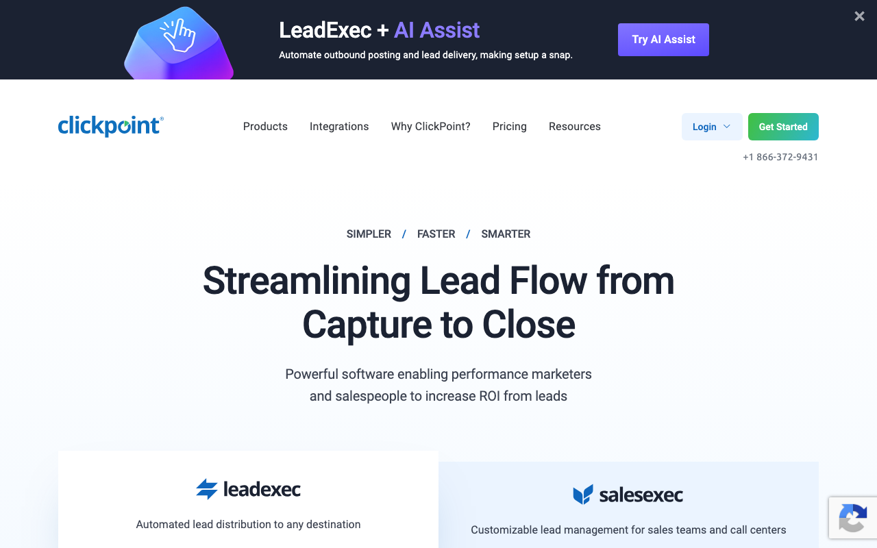 ClickPoint Software homepage, SalesExec and LeadExec platforms