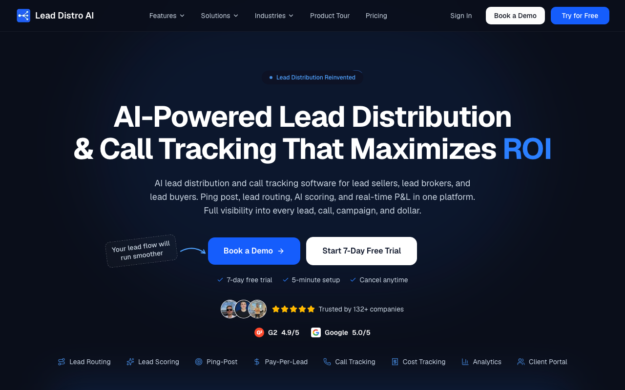 Lead Distro AI homepage, AI-powered lead distribution platform