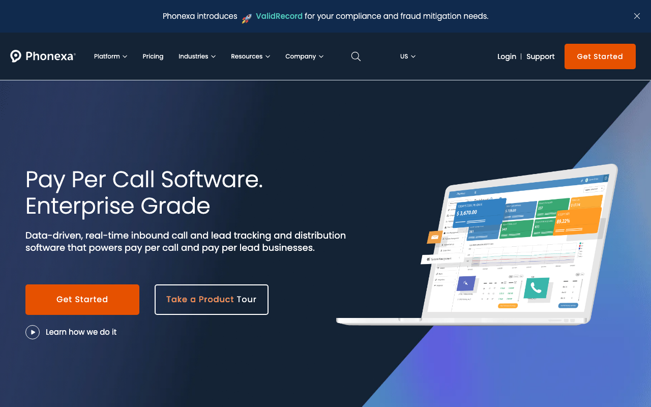 Phonexa homepage, call tracking and performance marketing suite