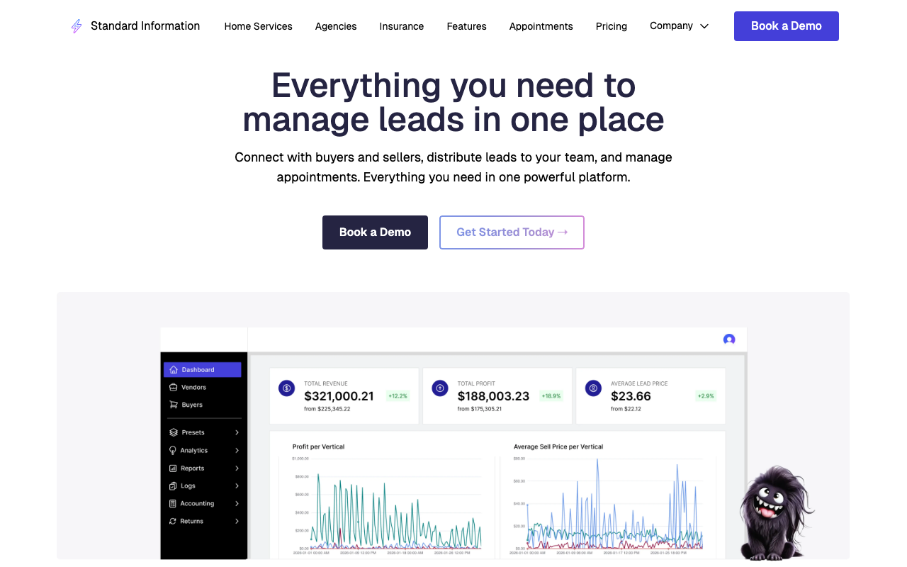 Standard Information homepage, ping-post lead platform